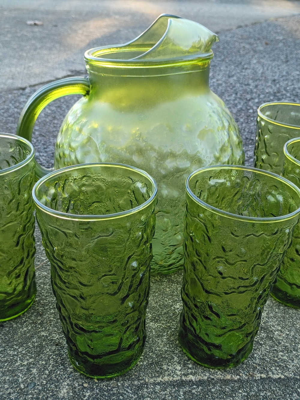 Anchor Hocking Avocado Lido Milano Design Glass Pitcher 6 Tumbler Glasses Green